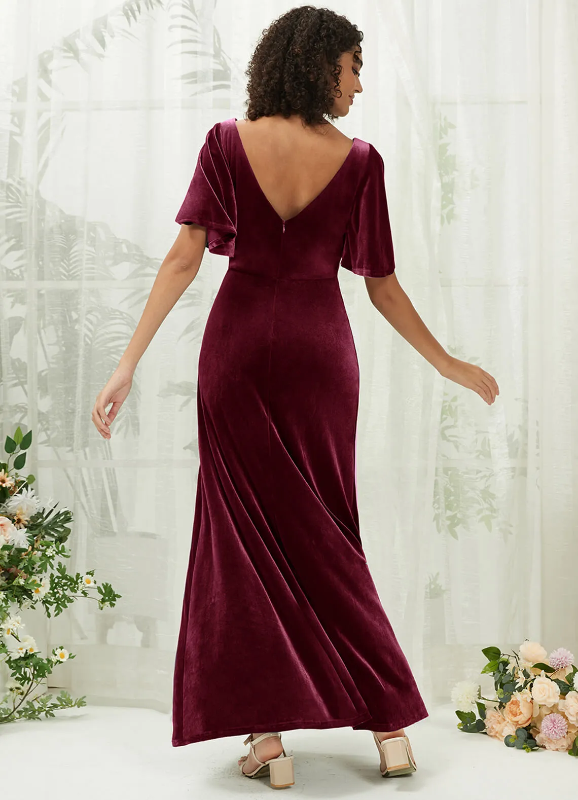 [Final Sale] Burgundy Short Sleeve V-Neck Velvet Maxi Bridesmaid Dress