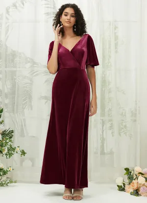 [Final Sale] Burgundy Short Sleeve V-Neck Velvet Maxi Bridesmaid Dress