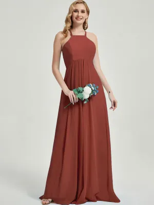 [Final Sale] Cinnamon Rose Halter Neck Empire Pleated Backless Chiffon Bridesmaid Dress