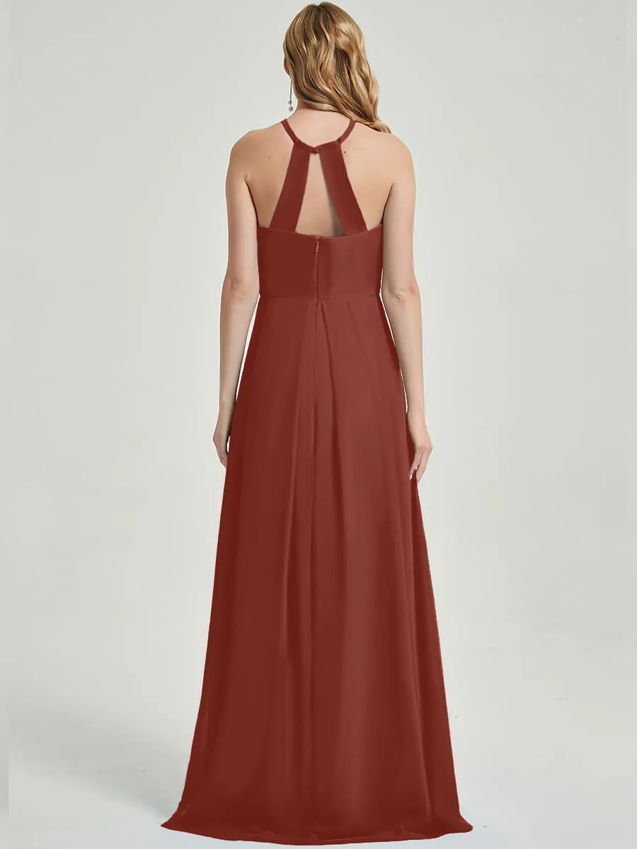 [Final Sale] Cinnamon Rose Halter Neck Empire Pleated Backless Chiffon Bridesmaid Dress