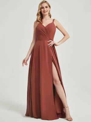 [Final Sale] Cinnamon Rose Spaghetti Strap Slit Lace Chiffon Maxi Bridesmaid Dress