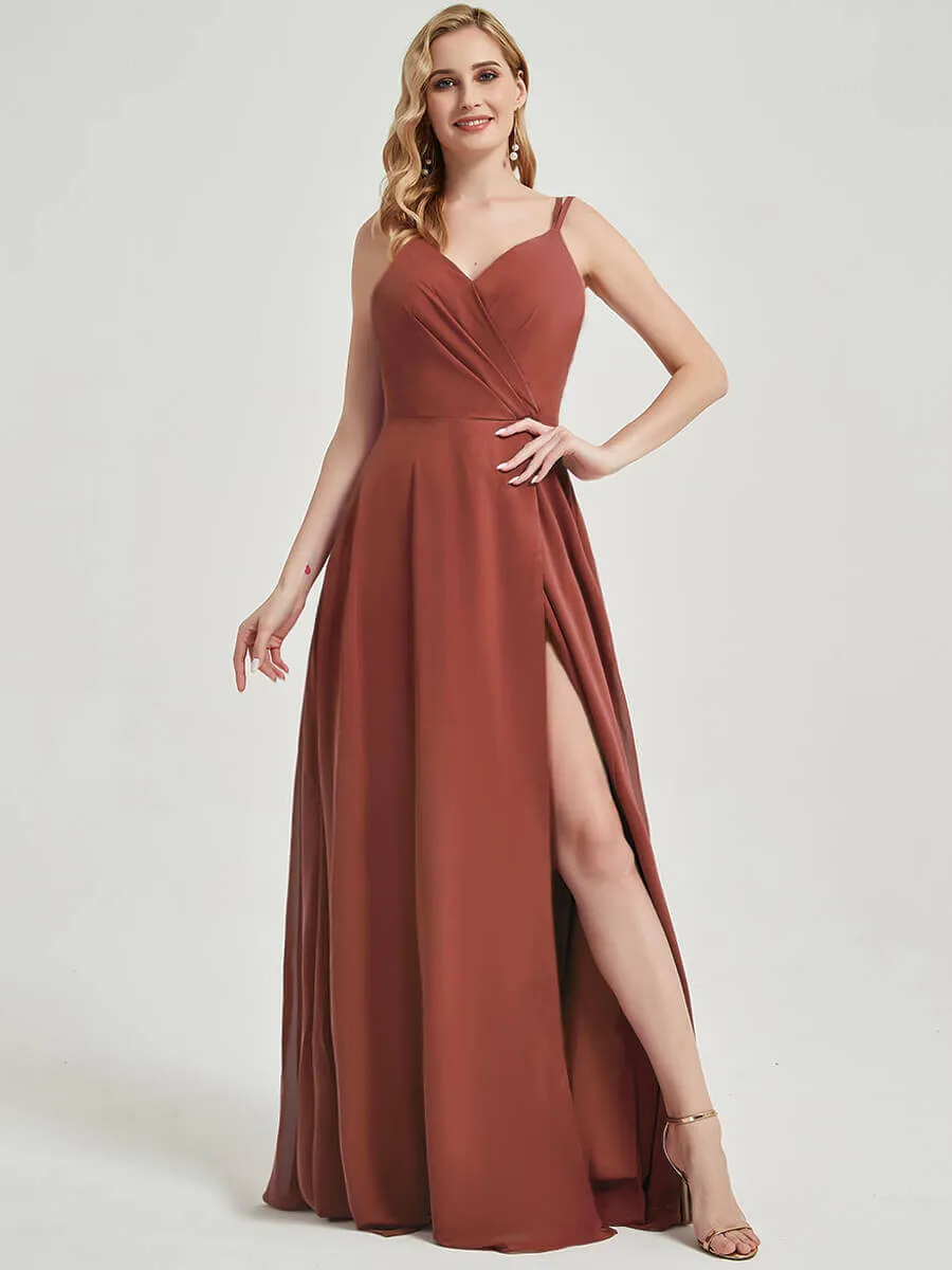 [Final Sale] Cinnamon Rose Spaghetti Strap Slit Lace Chiffon Maxi Bridesmaid Dress