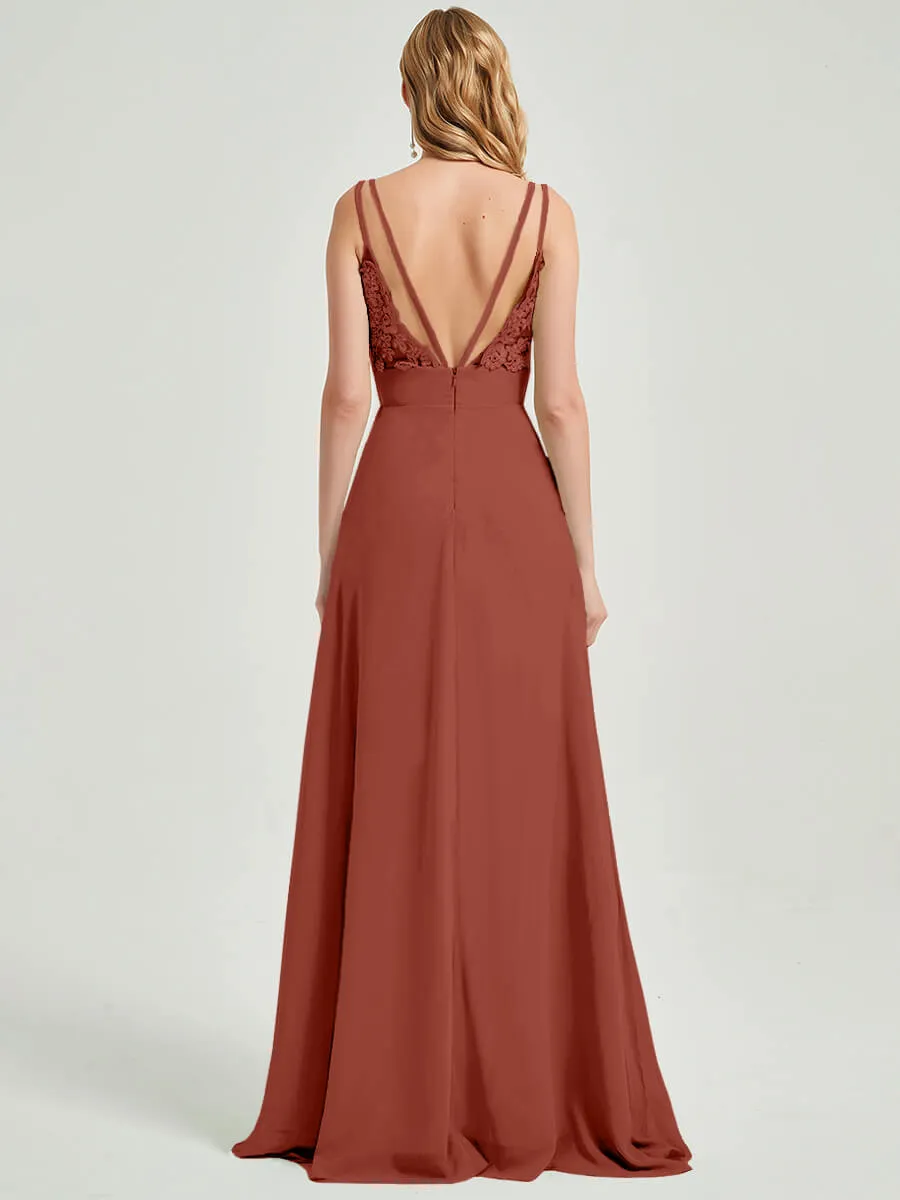 [Final Sale] Cinnamon Rose Spaghetti Strap Slit Lace Chiffon Maxi Bridesmaid Dress