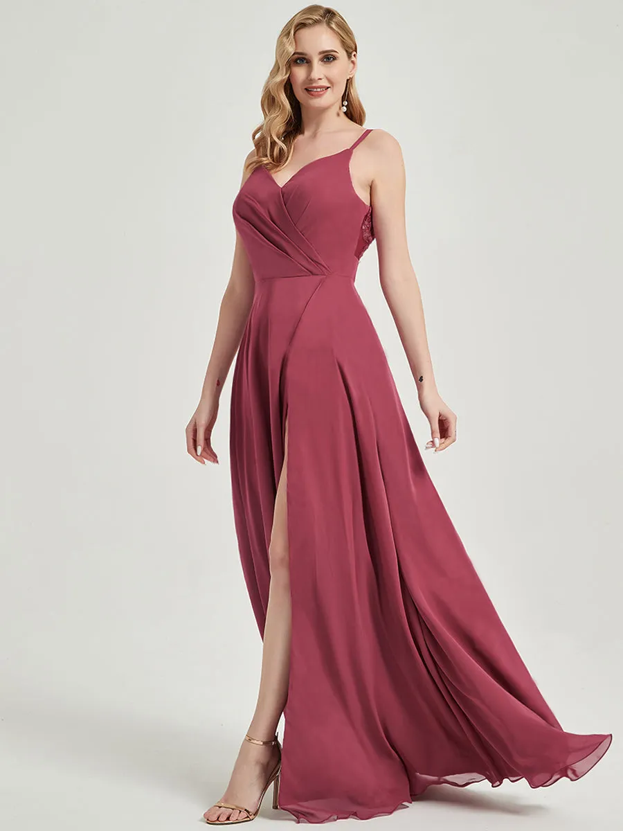 [Final Sale] Cinnamon Rose Spaghetti Strap Slit Lace Chiffon Maxi Bridesmaid Dress