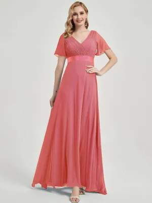 [Final Sale] Coral Short Sleeve Ruffle Pleated  A-Line Maxi Bridesmaid Dress