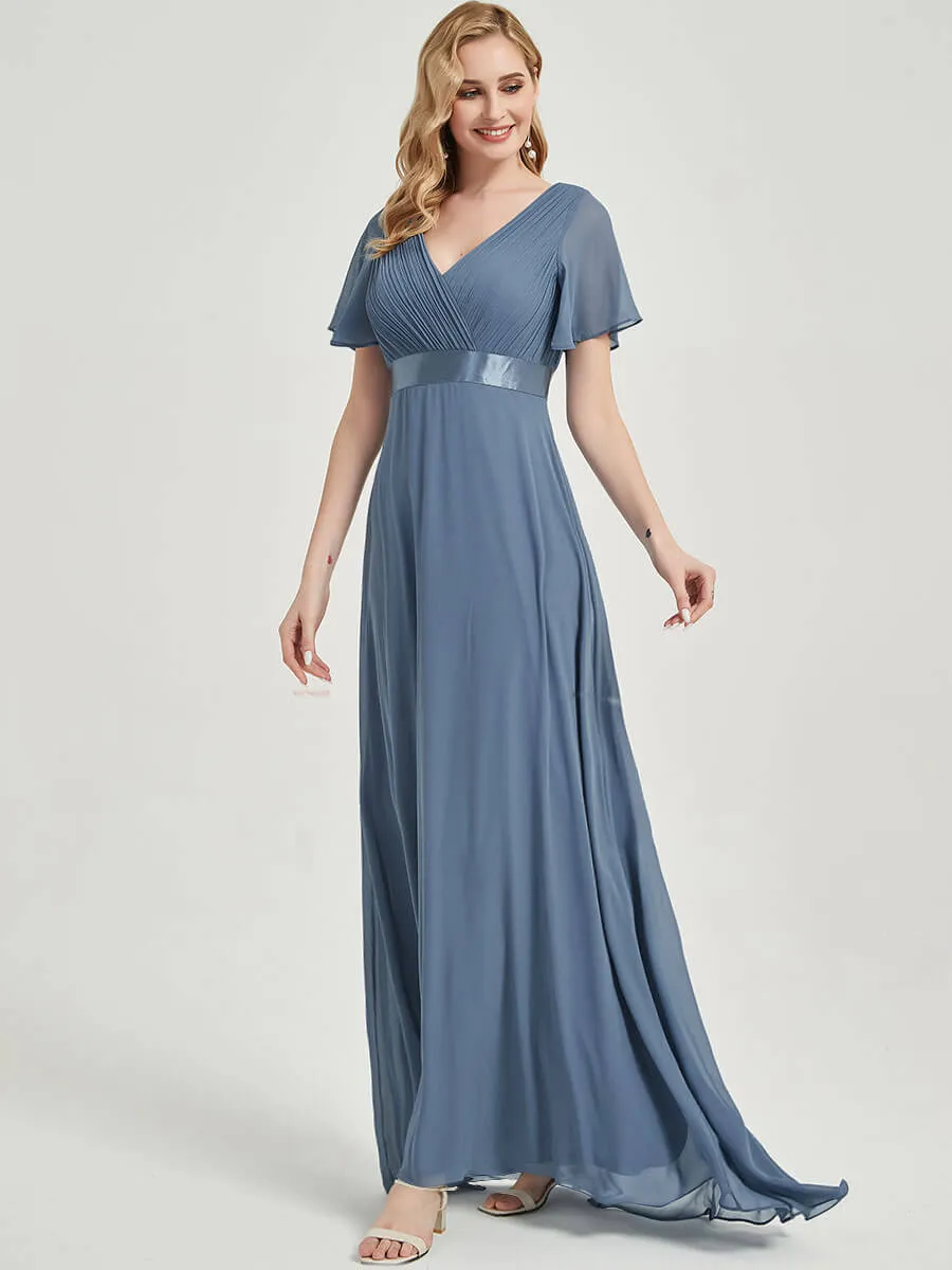 [Final Sale] Coral Short Sleeve Ruffle Pleated  A-Line Maxi Bridesmaid Dress