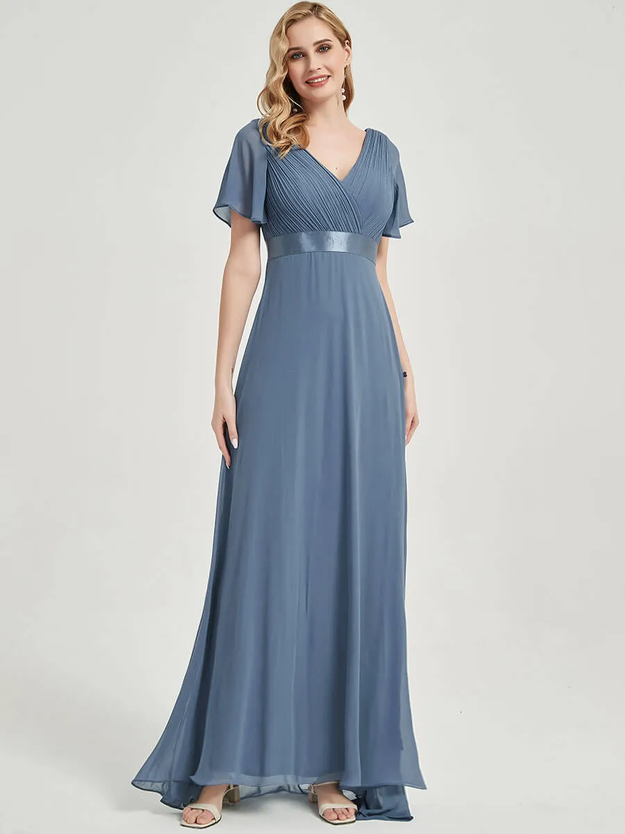[Final Sale] Coral Short Sleeve Ruffle Pleated  A-Line Maxi Bridesmaid Dress