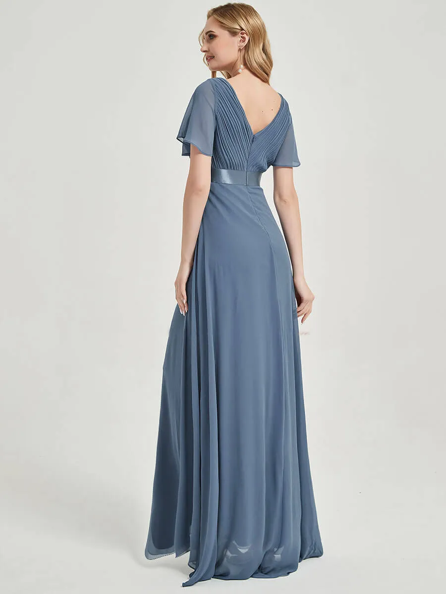 [Final Sale] Coral Short Sleeve Ruffle Pleated  A-Line Maxi Bridesmaid Dress