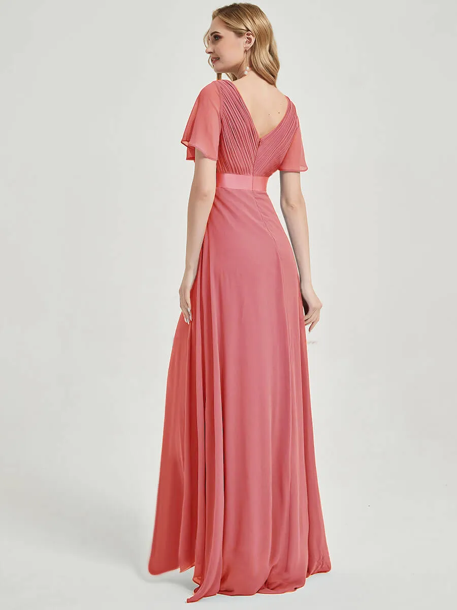 [Final Sale] Coral Short Sleeve Ruffle Pleated  A-Line Maxi Bridesmaid Dress
