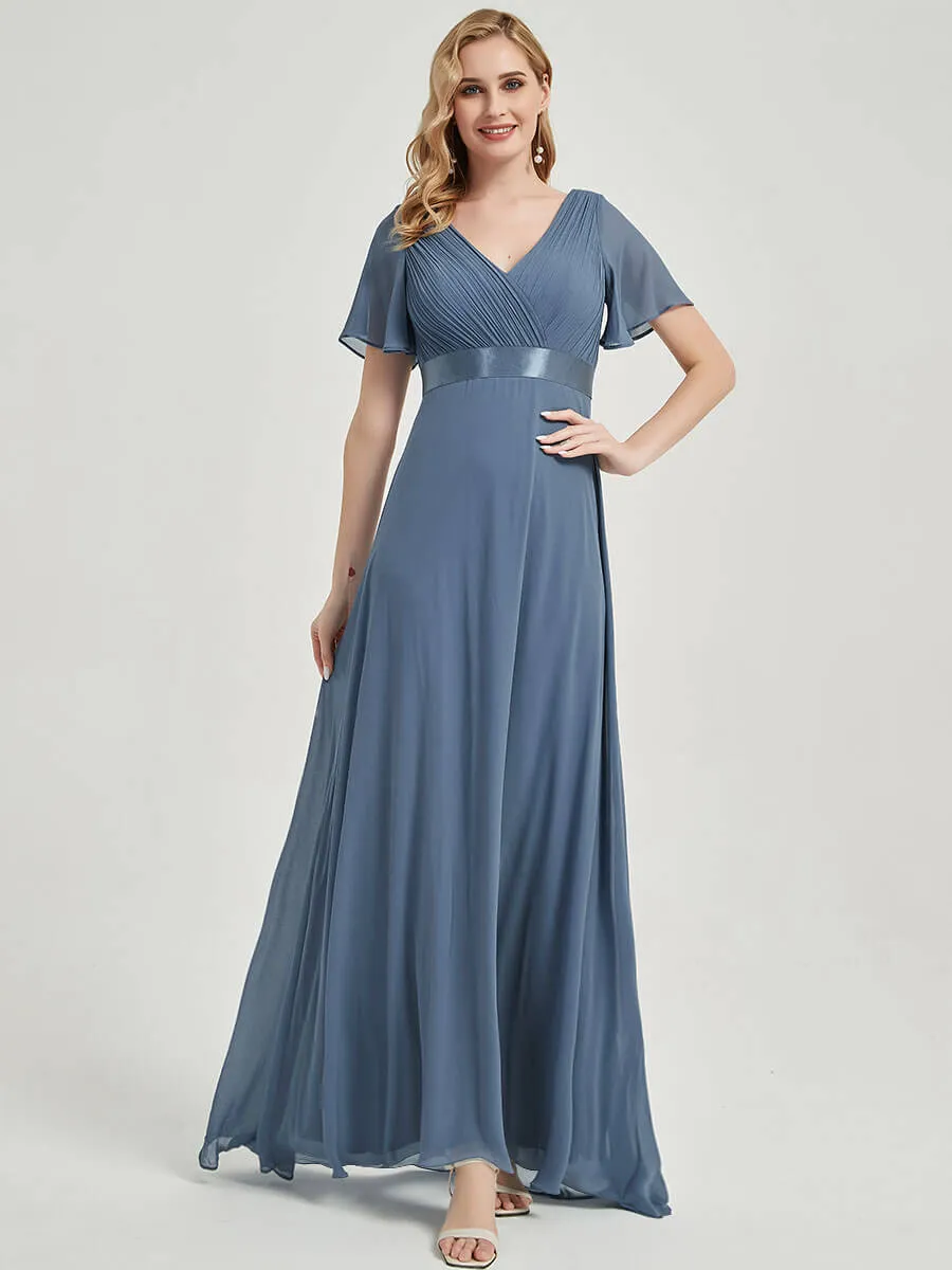 [Final Sale] Coral Short Sleeve Ruffle Pleated  A-Line Maxi Bridesmaid Dress