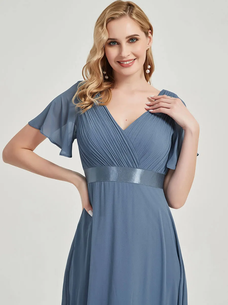 [Final Sale] Coral Short Sleeve Ruffle Pleated  A-Line Maxi Bridesmaid Dress