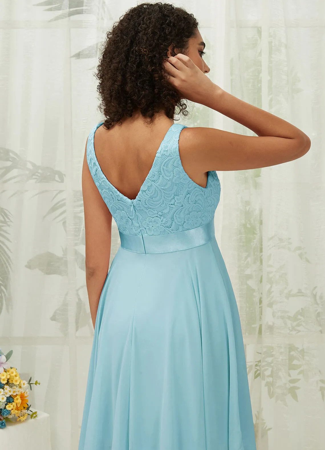 [Final Sale] Cornflower Blue Lace V-Neck Sleeveless Midi Length Chiffon Flowy Bridesmaid Dresses