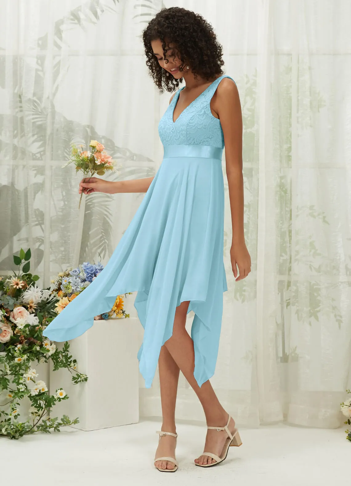 [Final Sale] Cornflower Blue Lace V-Neck Sleeveless Midi Length Chiffon Flowy Bridesmaid Dresses