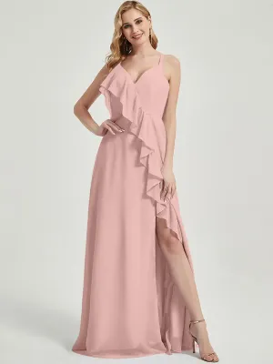 [Final Sale] Criss-Cross Straps Ruffles Slit Chiffon Maxi Bridesmaid Dress Dusty Pink