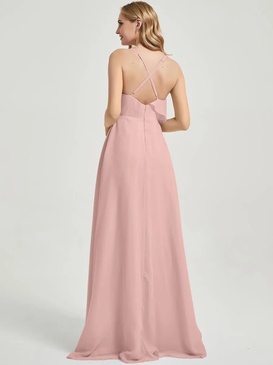 [Final Sale] Criss-Cross Straps Ruffles Slit Chiffon Maxi Bridesmaid Dress Dusty Pink