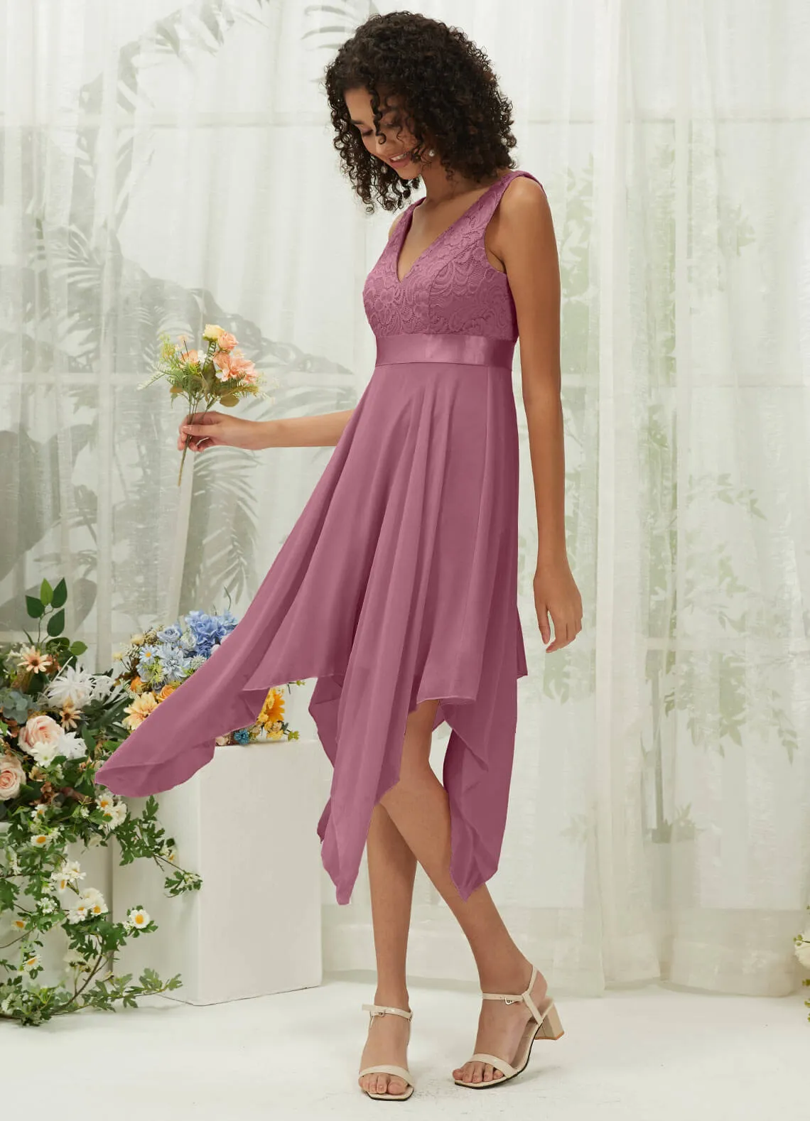 [Final Sale] Dusty Rose Lace V-Neck Sleeveless Midi Length Chiffon Flowy Bridesmaid Dresses