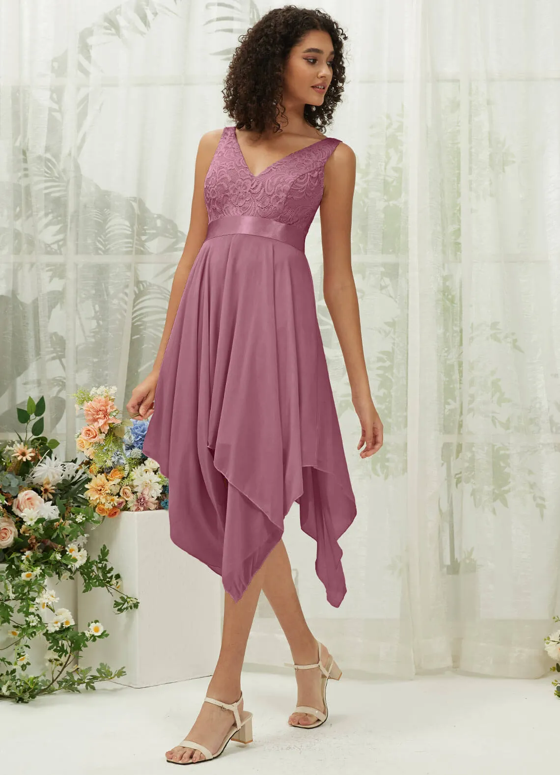 [Final Sale] Dusty Rose Lace V-Neck Sleeveless Midi Length Chiffon Flowy Bridesmaid Dresses