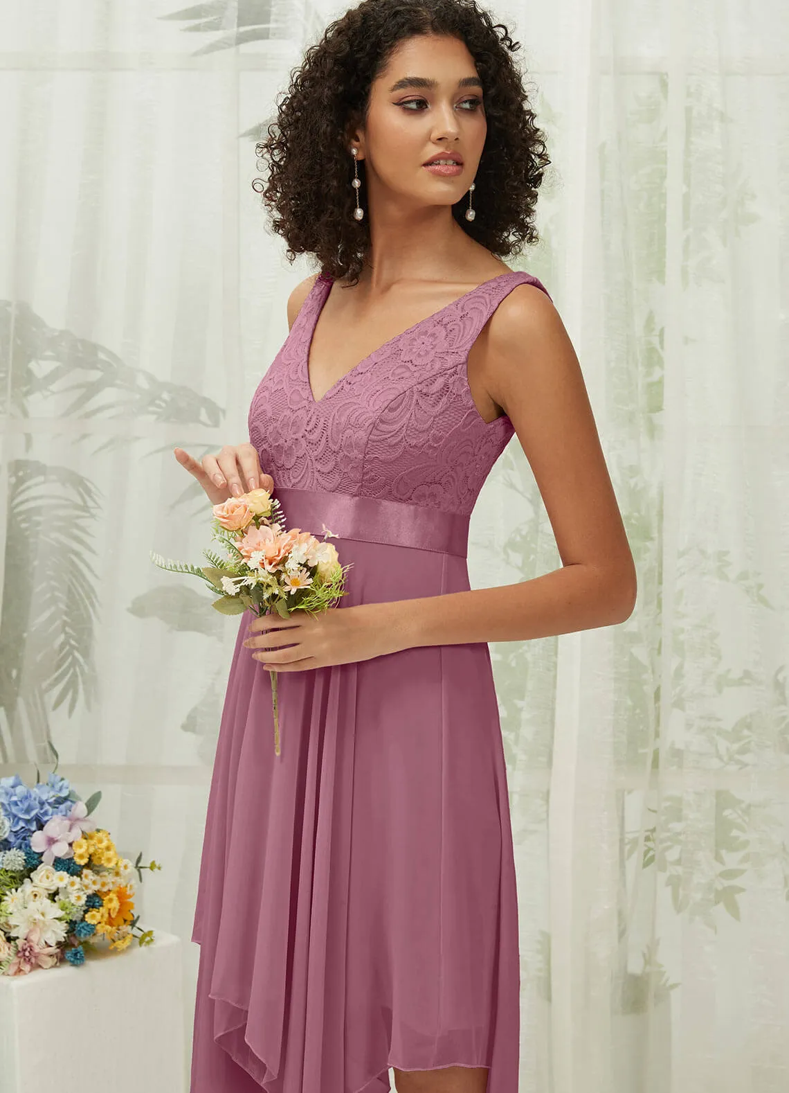 [Final Sale] Dusty Rose Lace V-Neck Sleeveless Midi Length Chiffon Flowy Bridesmaid Dresses