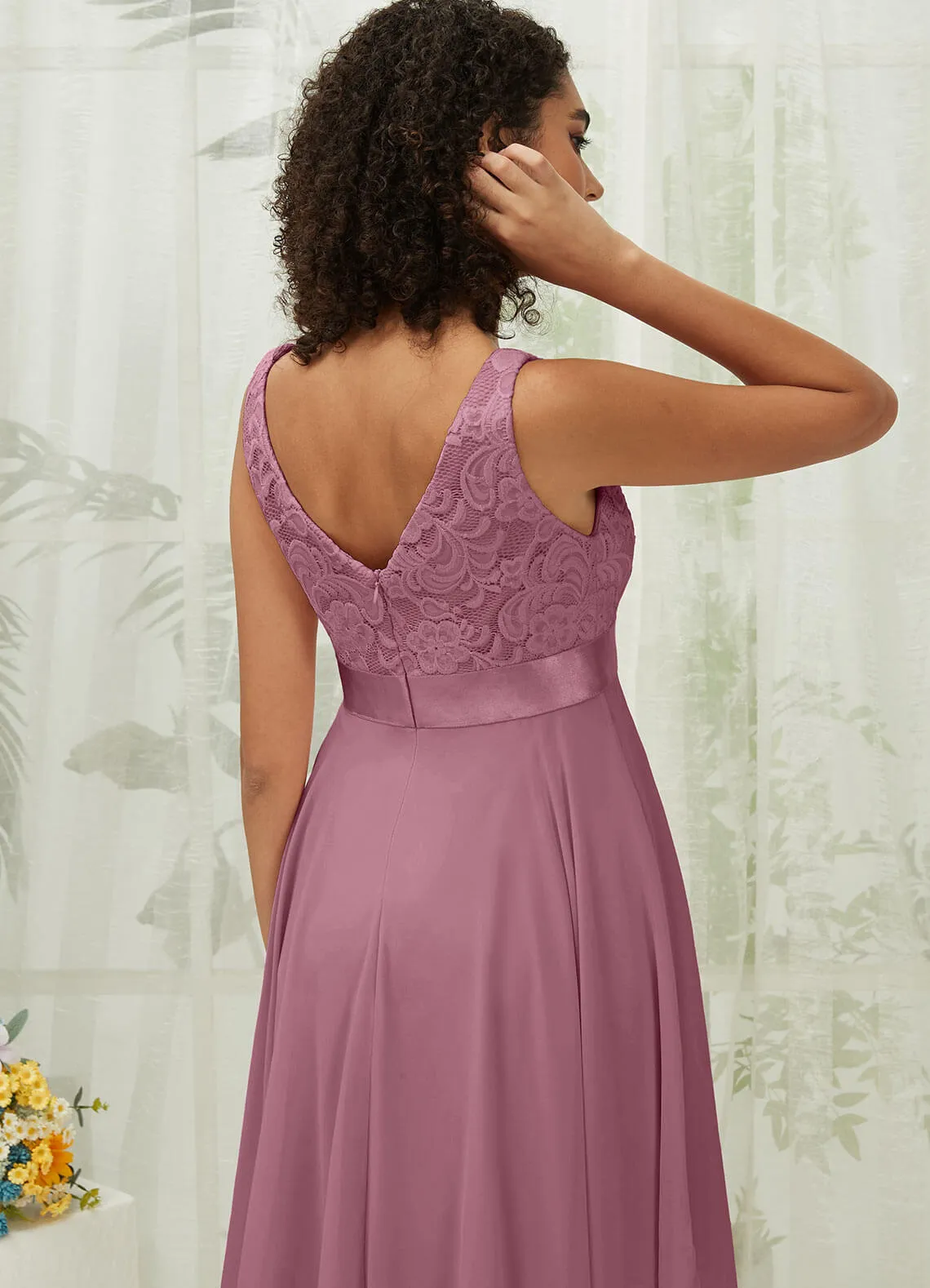[Final Sale] Dusty Rose Lace V-Neck Sleeveless Midi Length Chiffon Flowy Bridesmaid Dresses