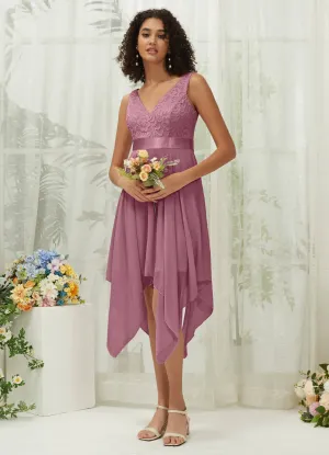 [Final Sale] Dusty Rose Lace V-Neck Sleeveless Midi Length Chiffon Flowy Bridesmaid Dresses