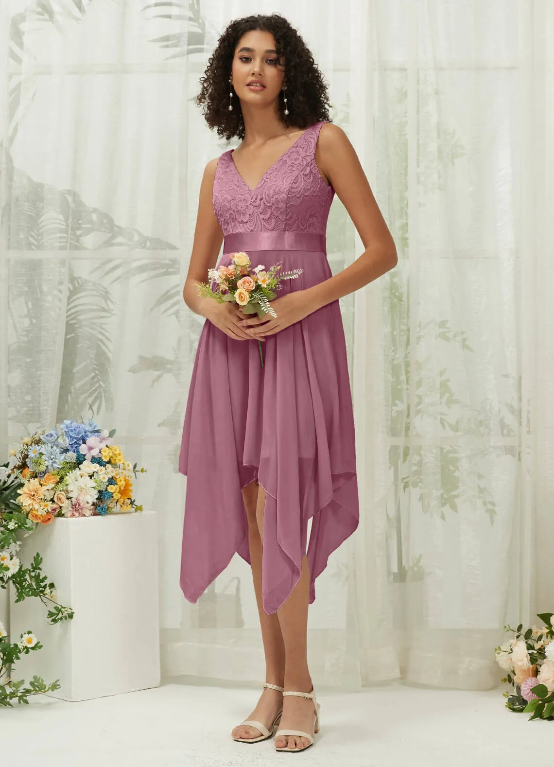 [Final Sale] Dusty Rose Lace V-Neck Sleeveless Midi Length Chiffon Flowy Bridesmaid Dresses