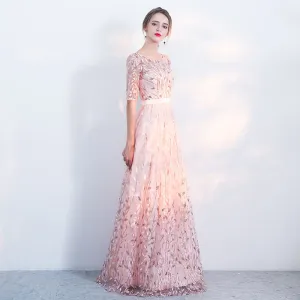 [Final Sale] Fantastic Pink Sequined Floral Wedding Guest Evening Dress