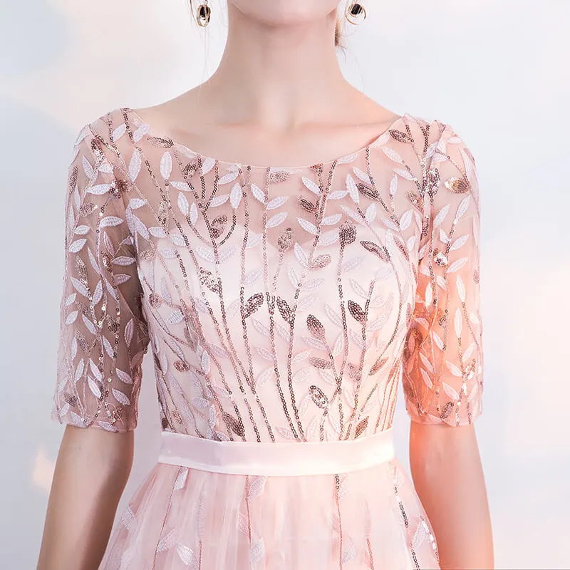 [Final Sale] Fantastic Pink Sequined Floral Wedding Guest Evening Dress