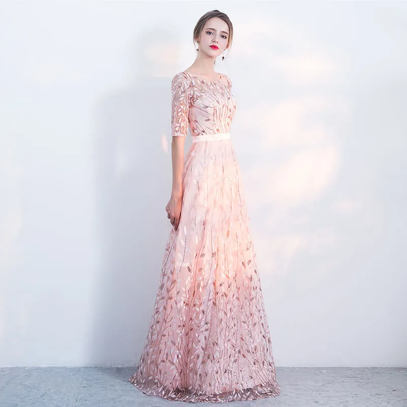 [Final Sale] Fantastic Pink Sequined Floral Wedding Guest Evening Dress