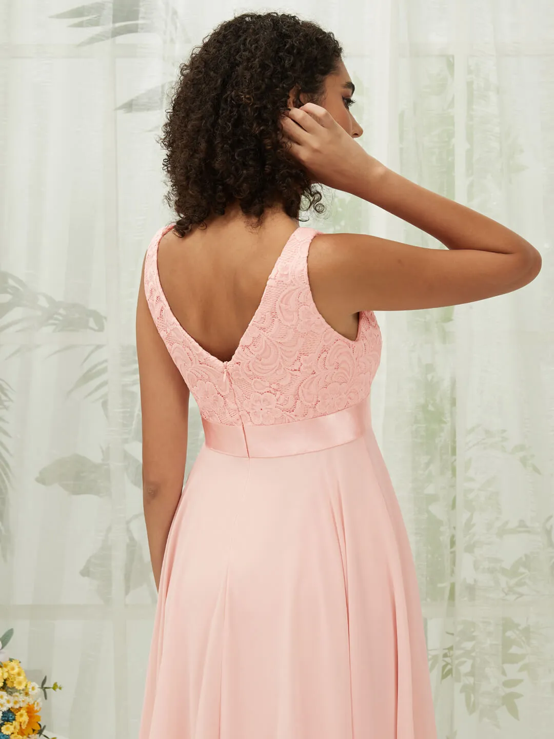 [Final Sale] Lace V-Neck Sleeveless Midi Length Chiffon Flowy Bridesmaid Dresses