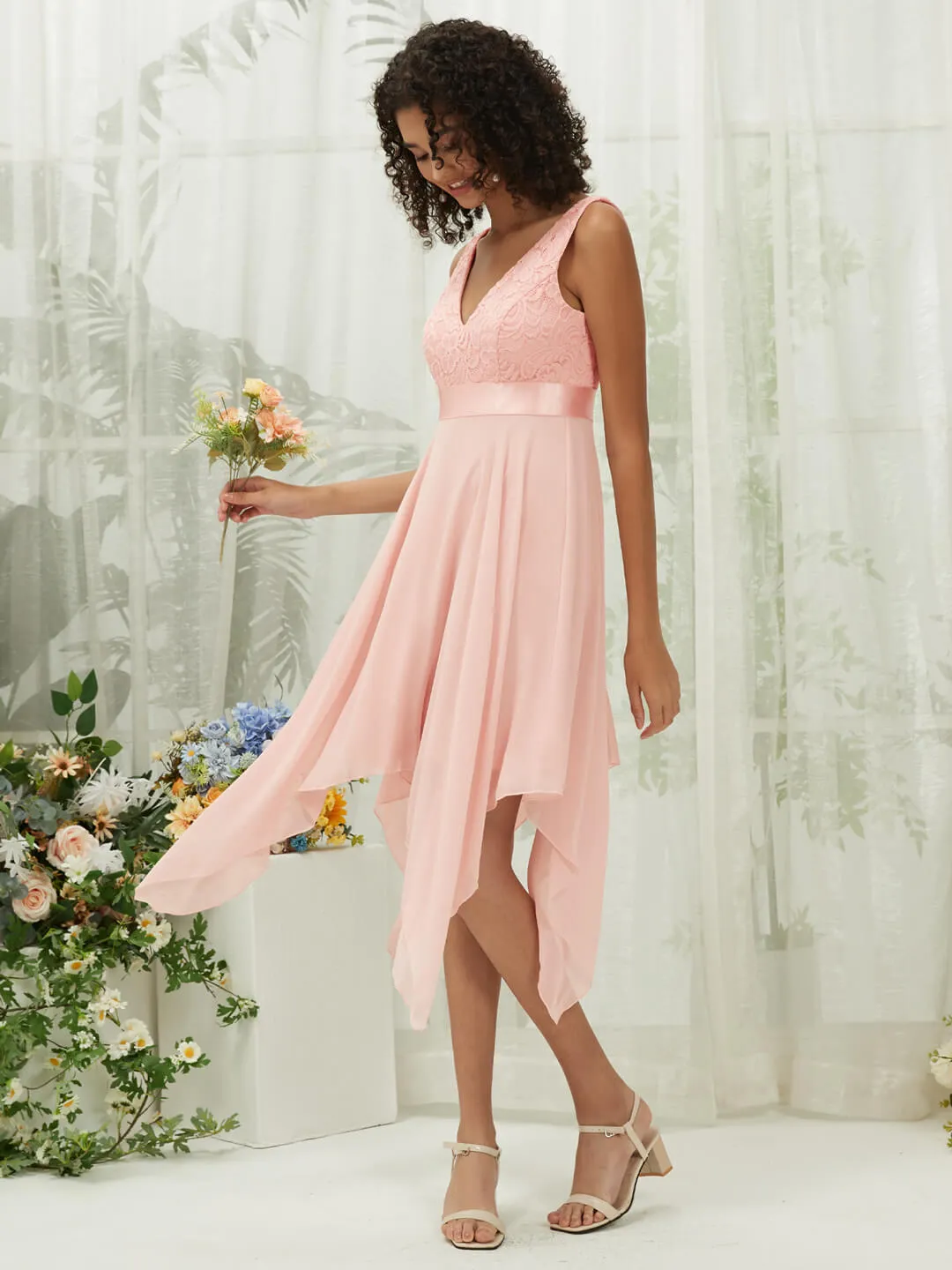 [Final Sale] Lace V-Neck Sleeveless Midi Length Chiffon Flowy Bridesmaid Dresses