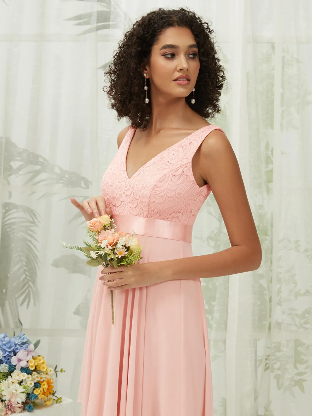 [Final Sale] Lace V-Neck Sleeveless Midi Length Chiffon Flowy Bridesmaid Dresses
