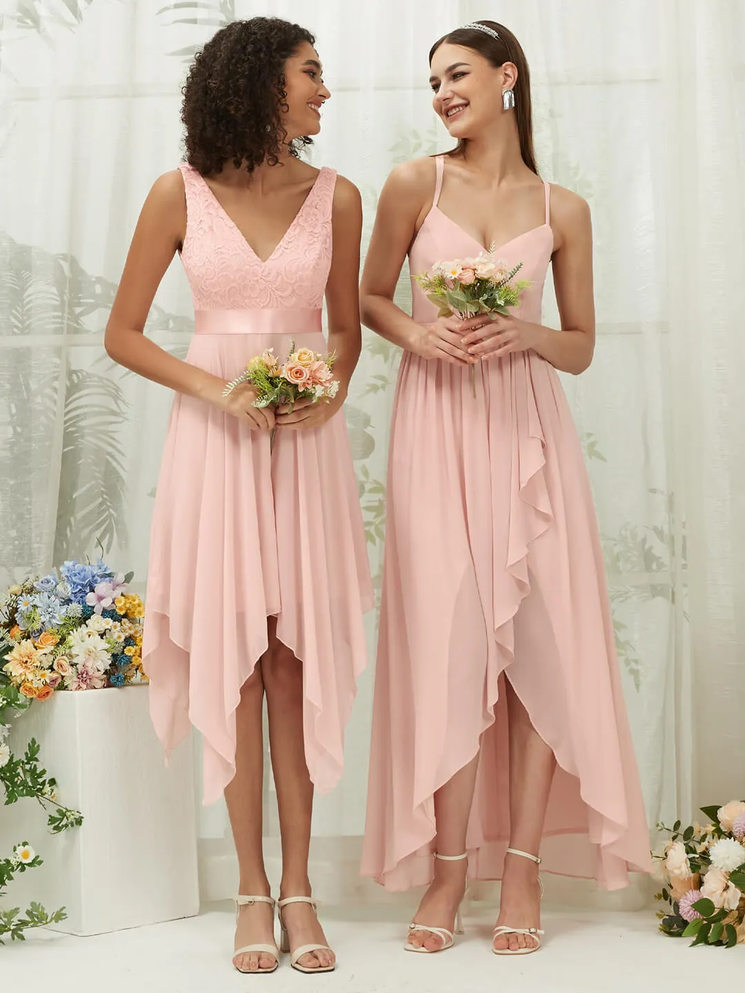 [Final Sale] Lace V-Neck Sleeveless Midi Length Chiffon Flowy Bridesmaid Dresses