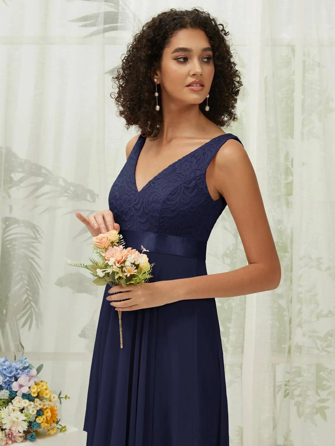 [Final Sale] Navy Blue Lace V-Neck Sleeveless Midi Length Chiffon Flowy Bridesmaid Dresses
