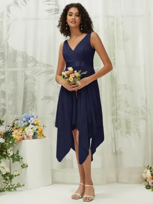 [Final Sale] Navy Blue Lace V-Neck Sleeveless Midi Length Chiffon Flowy Bridesmaid Dresses