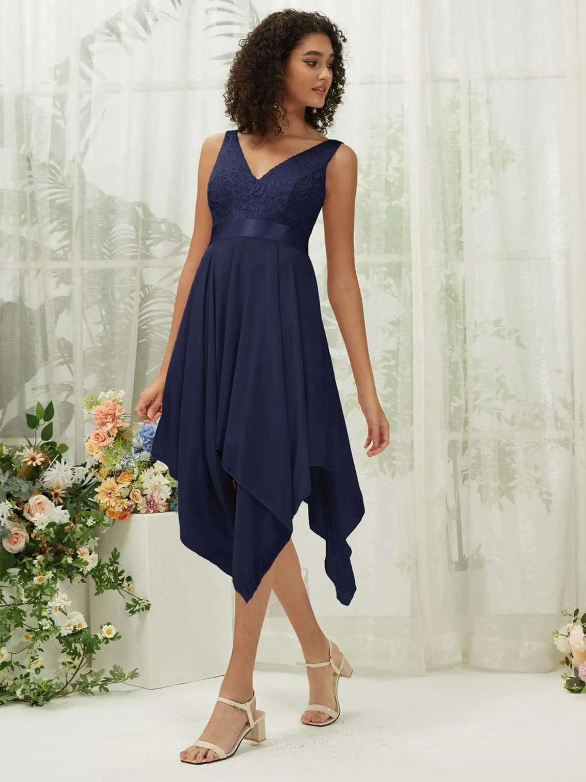 [Final Sale] Navy Blue Lace V-Neck Sleeveless Midi Length Chiffon Flowy Bridesmaid Dresses