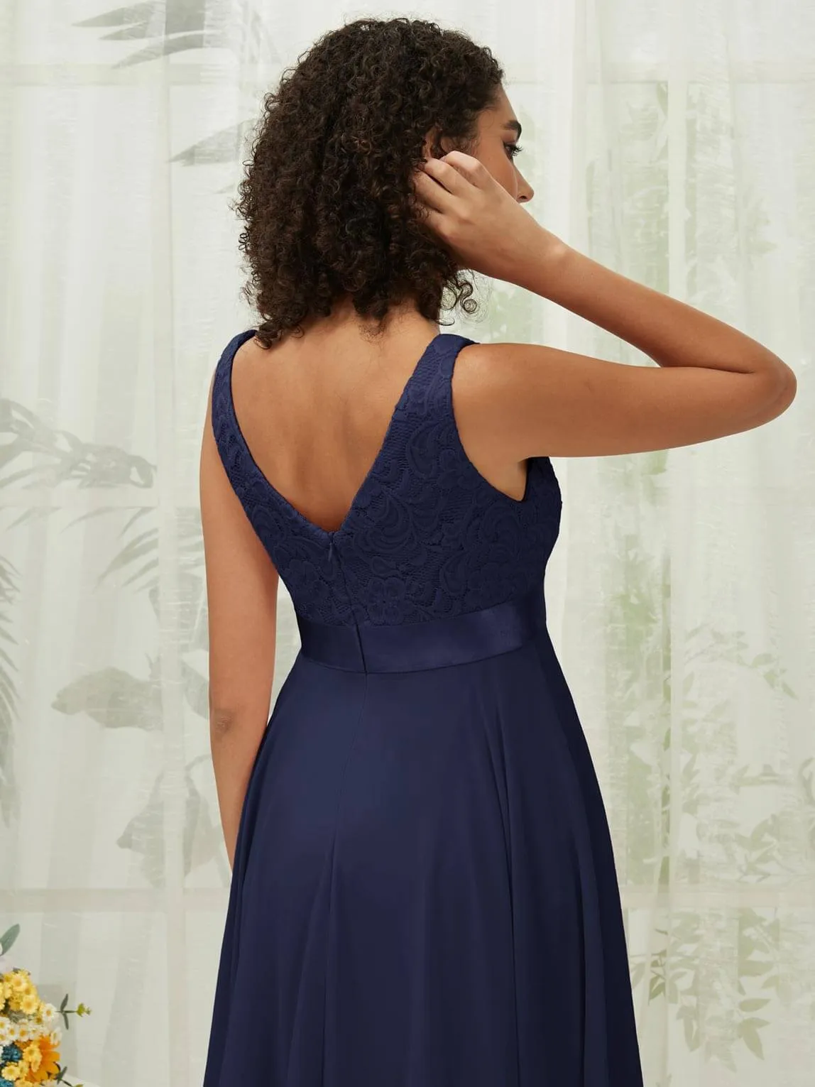 [Final Sale] Navy Blue Lace V-Neck Sleeveless Midi Length Chiffon Flowy Bridesmaid Dresses
