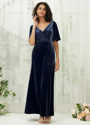 [Final Sale] Navy Blue V-Neck Velvet Floor Length Bridesmaid Dresses