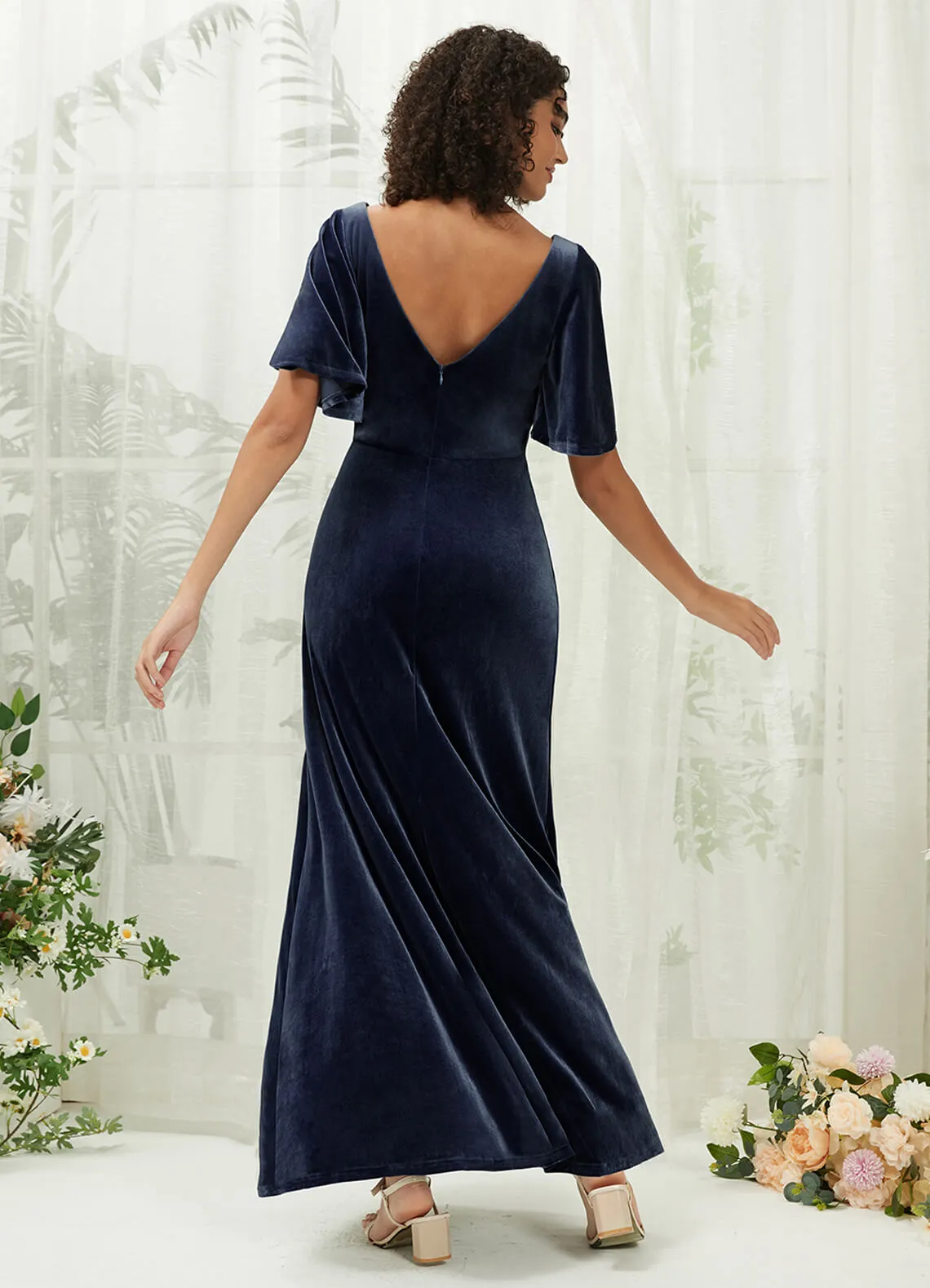 [Final Sale] Navy Blue V-Neck Velvet Floor Length Bridesmaid Dresses