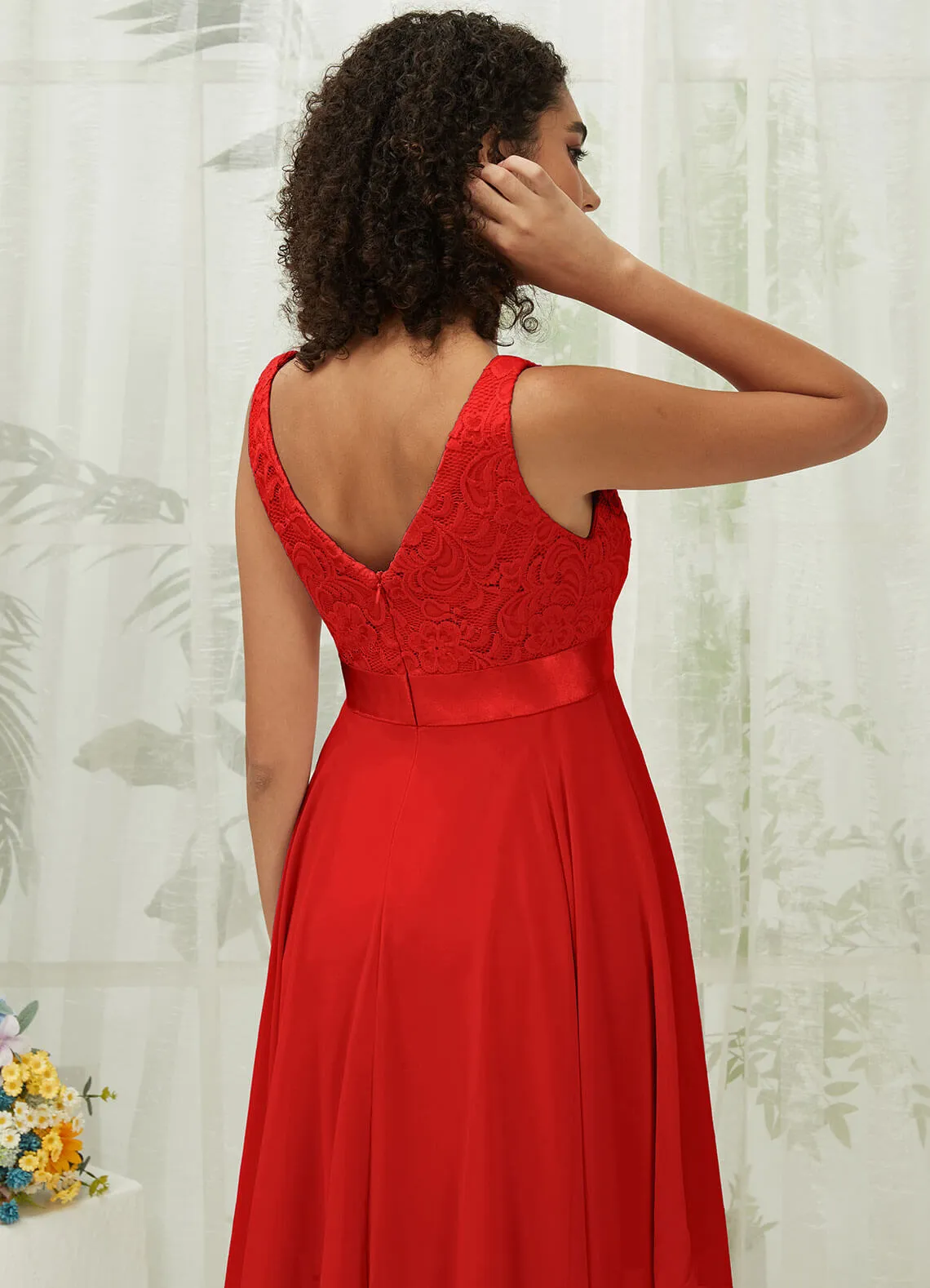 [Final Sale] Red Lace V-Neck Sleeveless Midi Length Chiffon Flowy Bridesmaid Dresses