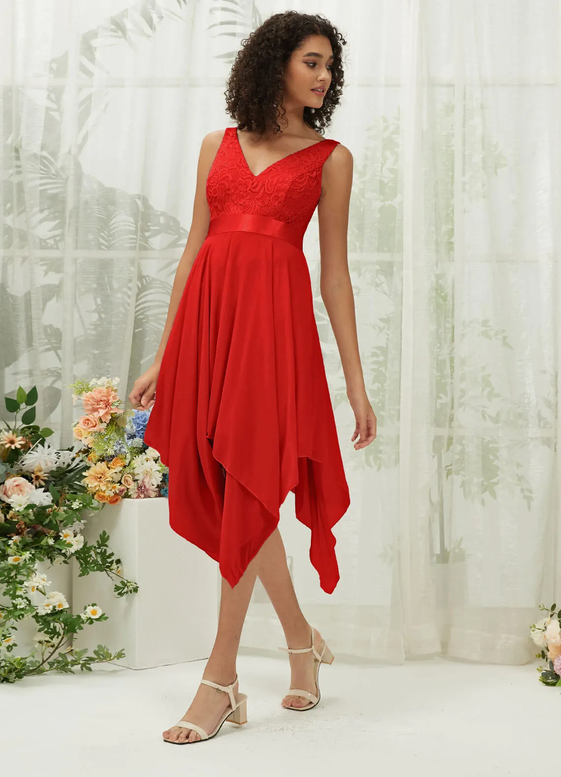 [Final Sale] Red Lace V-Neck Sleeveless Midi Length Chiffon Flowy Bridesmaid Dresses