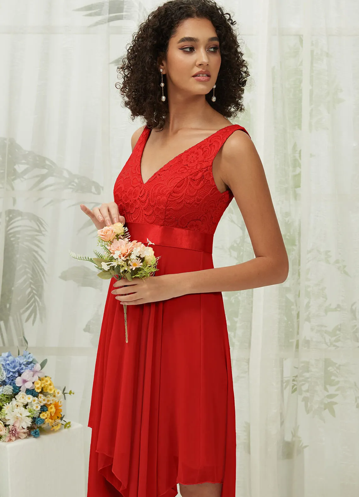 [Final Sale] Red Lace V-Neck Sleeveless Midi Length Chiffon Flowy Bridesmaid Dresses