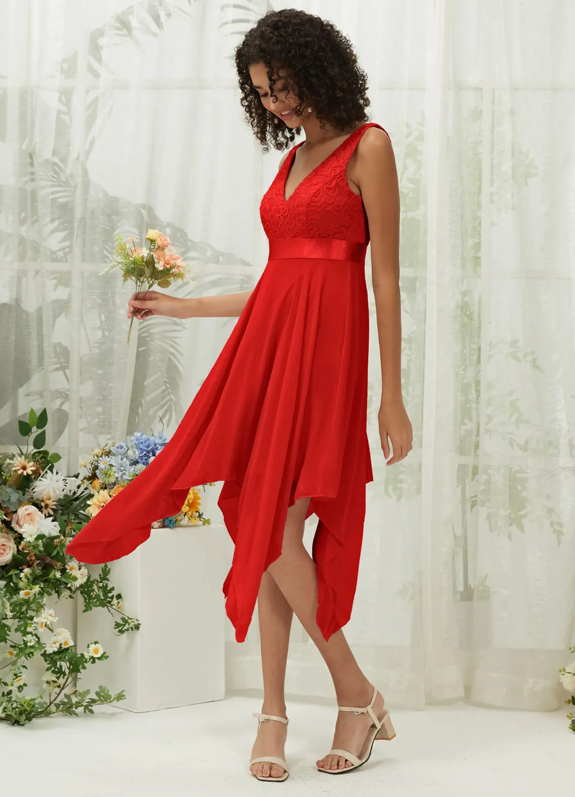 [Final Sale] Red Lace V-Neck Sleeveless Midi Length Chiffon Flowy Bridesmaid Dresses