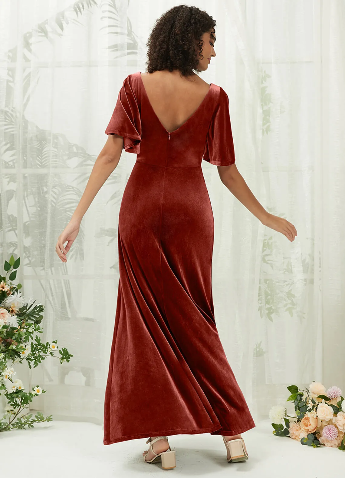 [Final Sale] Rusty Red Short Sleeves Velvet Maxi Bridesmaid Dresses