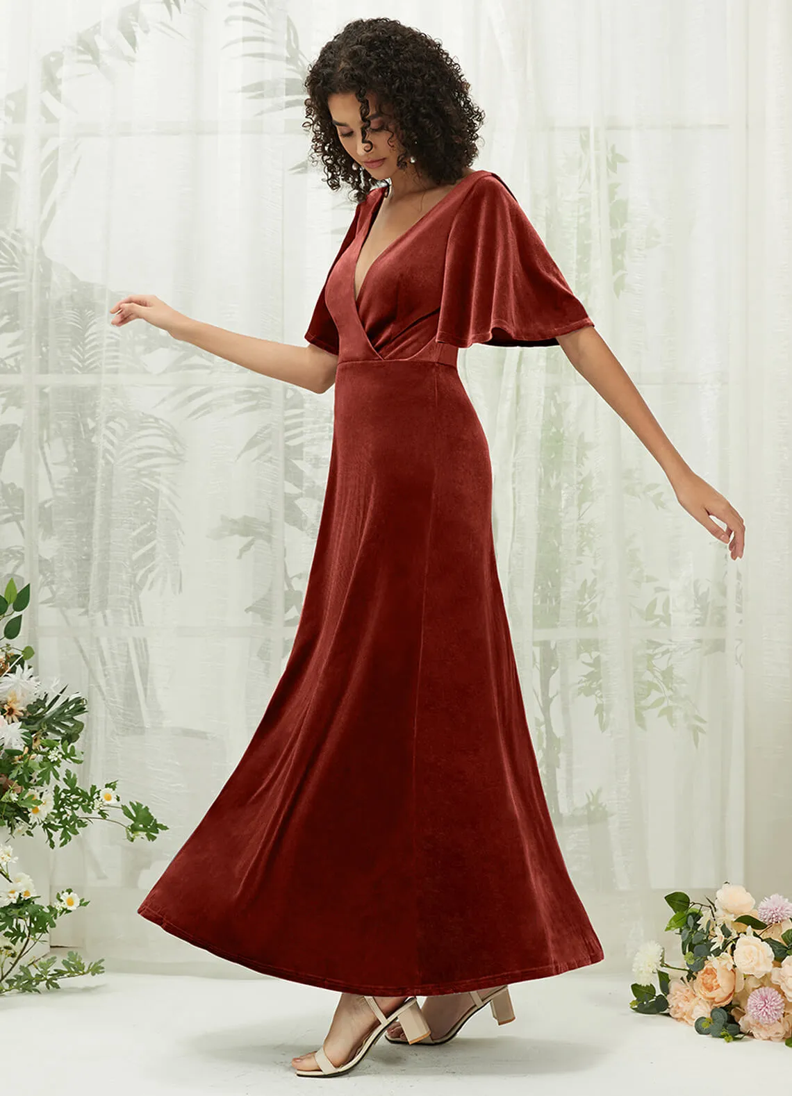 [Final Sale] Rusty Red Short Sleeves Velvet Maxi Bridesmaid Dresses