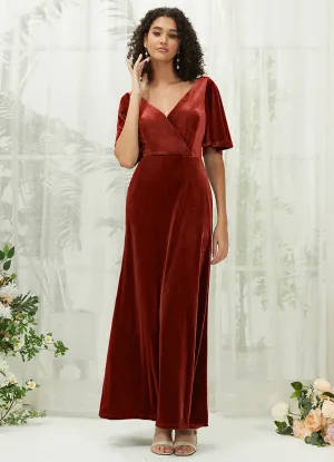 [Final Sale] Rusty Red Short Sleeves Velvet Maxi Bridesmaid Dresses