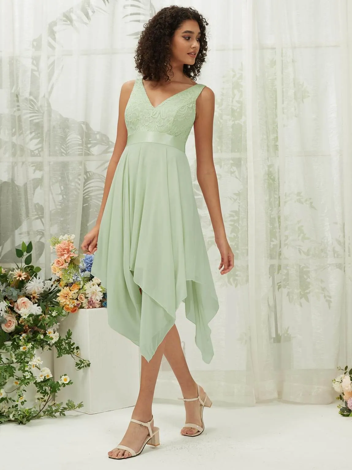 [Final Sale] Sage Lace V-Neck Sleeveless Midi Length Chiffon Flowy Bridesmaid Dresses
