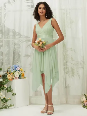 [Final Sale] Sage Lace V-Neck Sleeveless Midi Length Chiffon Flowy Bridesmaid Dresses