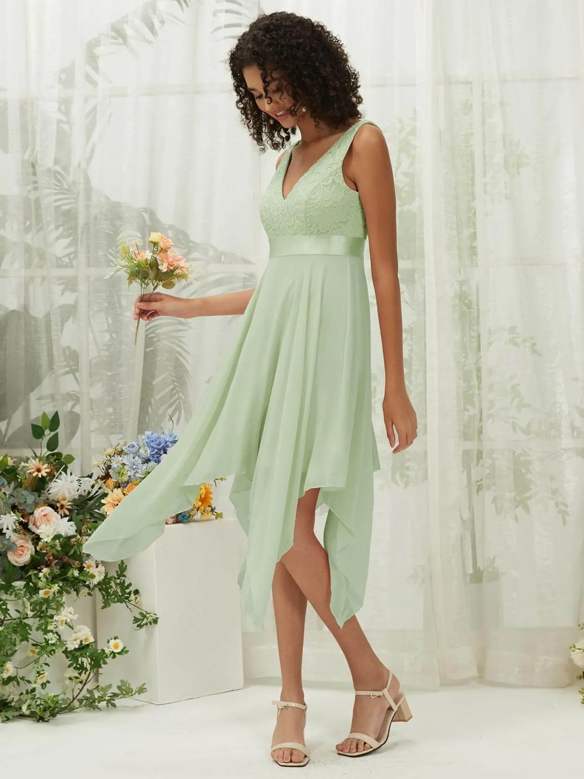 [Final Sale] Sage Lace V-Neck Sleeveless Midi Length Chiffon Flowy Bridesmaid Dresses