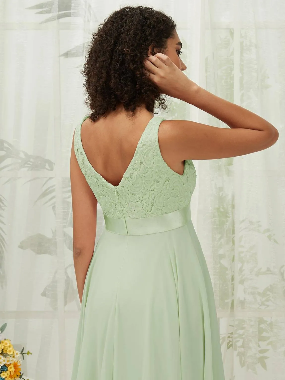 [Final Sale] Sage Lace V-Neck Sleeveless Midi Length Chiffon Flowy Bridesmaid Dresses