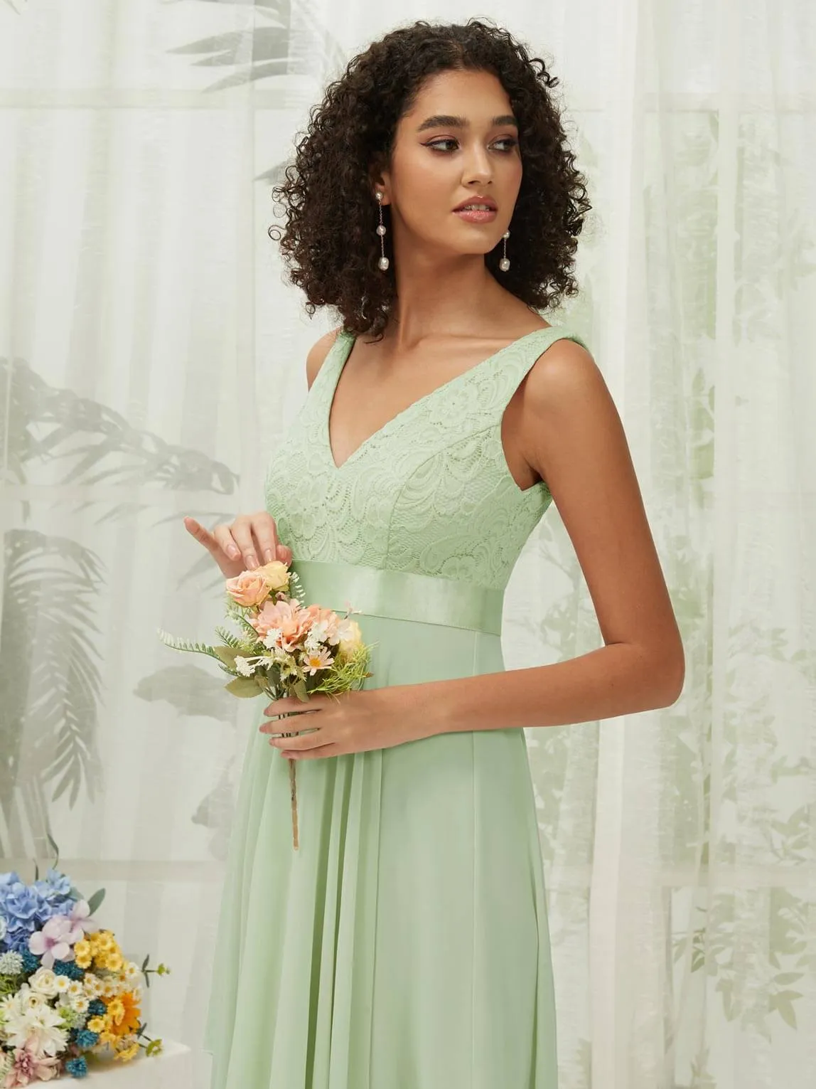 [Final Sale] Sage Lace V-Neck Sleeveless Midi Length Chiffon Flowy Bridesmaid Dresses